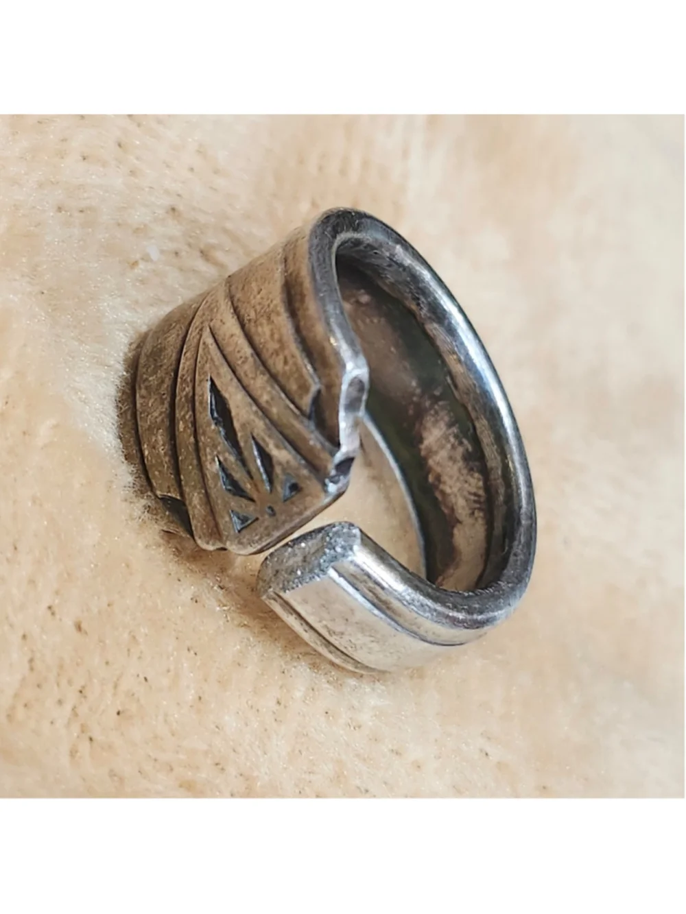 Aged Engraved S Spoon Handle Ring Size 8